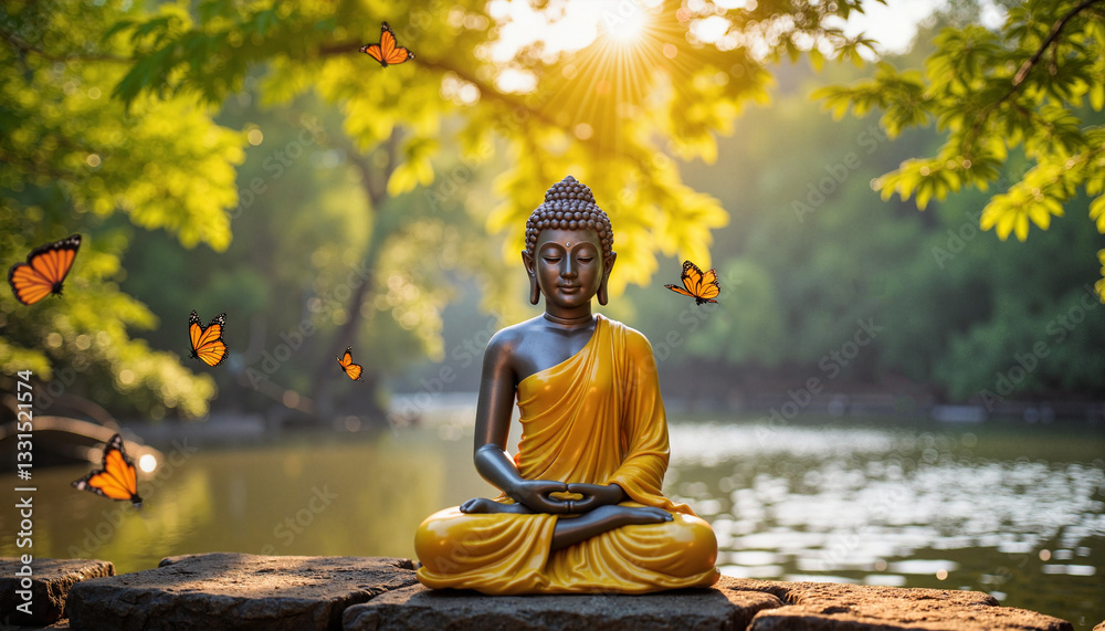 Young Buddha in contemplation by tranquil river, inner enlightenment Young Buddha in contemplation by tranquil river, inner enlightenment