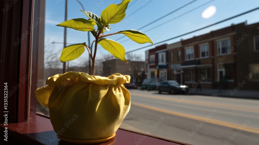 Fototapeta premium Vibrant Green Sapling in Yellow Fabric Pot on Sunny City Street Windowsill