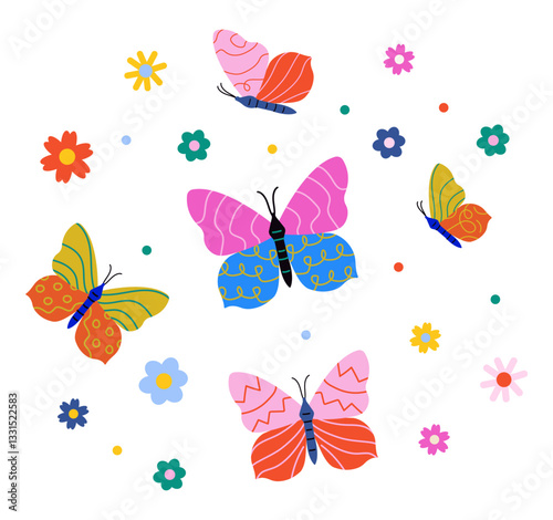 Set of butterflies in bright colors with flowers. Abstract pattern with geometric elements. Vector illustration