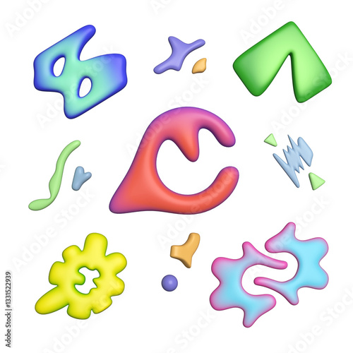 Set of different colored abstract figures. Volumetric figures in a fashionable modern style. 3d rendering