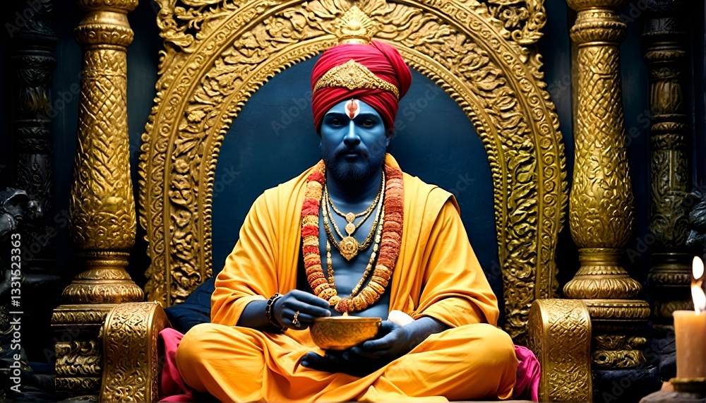 Fototapeta premium A man dressed as an indian deity sits on a gold throne with a bowl in his hand.