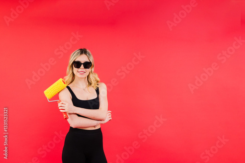 Wallpaper Mural Excited female builder. Painter with painting brush tool or paint roller. Torontodigital.ca