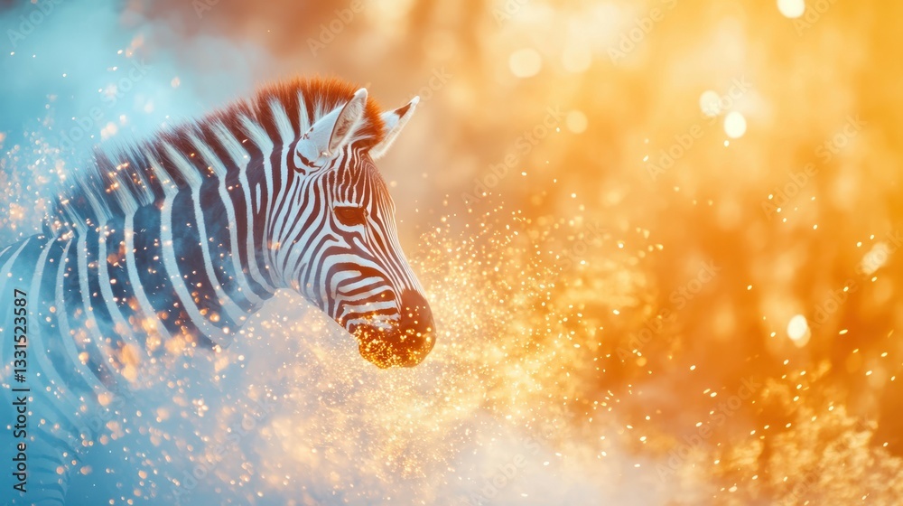 Fototapeta premium Abstract Zebra Portrait: An artistic depiction of a zebra amidst a burst of vibrant colors, the animal's striking black and white stripes contrasting beautifully with the dreamy background.