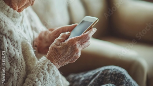 Close up of elderly woman's hands using a smartphone, indoors. Soft lighting, warm tones. Wrinkled skin visible on hands. White sweater.