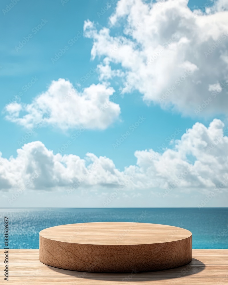 Wooden podium against a backdrop of a blue sky with white clouds and a blue ocean Wooden podium against a backdrop of a blue sky with white clouds and a blue ocean