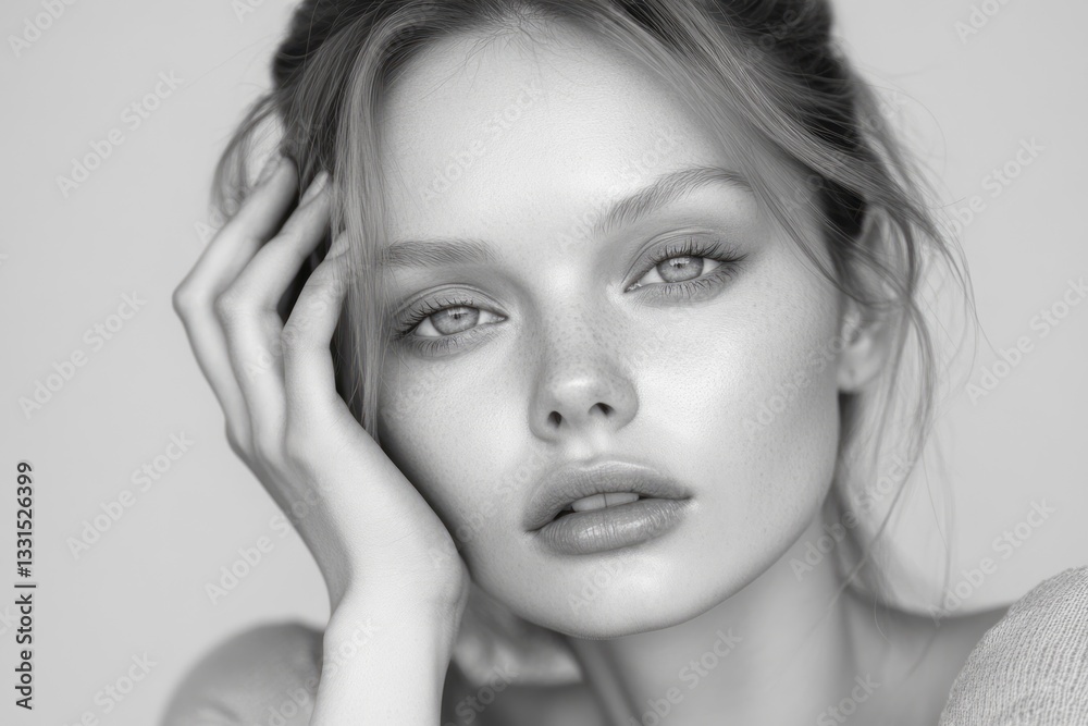 Fototapeta premium Beautiful woman with her hand on her face in monochrome