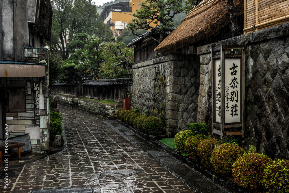 Fototapeta premium 雰囲気の良い古い温泉街の石畳が静かに雨に濡れて黒く見える