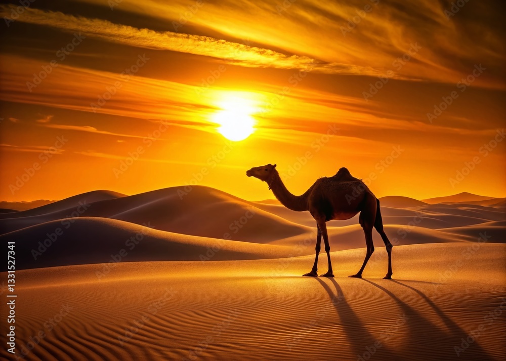 Lone Camel in Orange Desert Dunes at Sunset - Stock Photo Lone Camel in Orange Desert Dunes at Sunset - Stock Photo