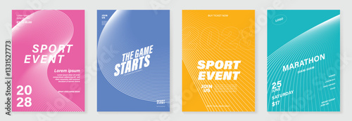 Abstract line sport poster background vector set. Minimalist cover template with vibrant perspective line wave in motion. Ideal design for social media, cover, banner, flyer, ads.