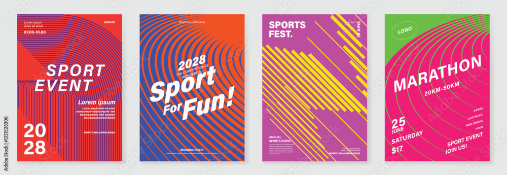 Obraz premium Abstract line sport poster background vector set. Minimalist cover template with vibrant perspective line wave in motion. Ideal design for social media, cover, banner, flyer, ads.
