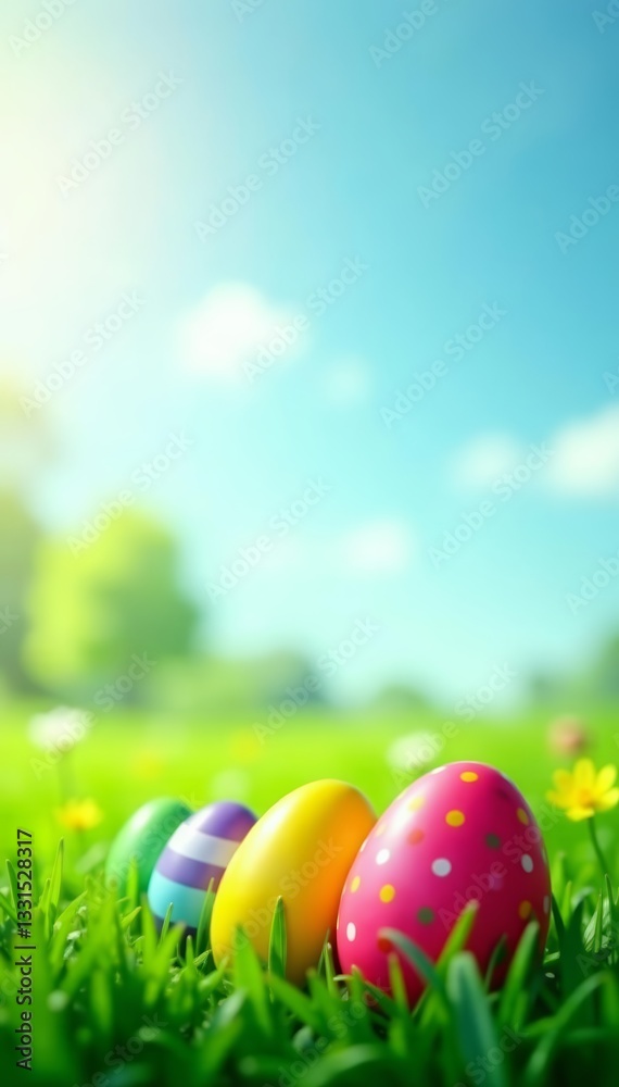 Fototapeta premium Colorful Easter eggs hidden among fresh green grass on sunny spring field, holiday, colorful
