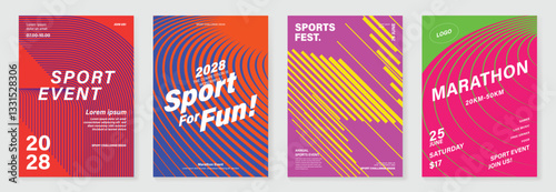Abstract line sport poster background vector set. Minimalist cover template with vibrant perspective line wave in motion. Ideal design for social media, cover, banner, flyer, ads.
