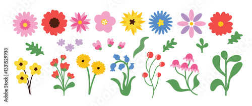 Collection of spring colorful flower elements vector. Set floral of wildflower, leaf branch, foliage on white background. Hand drawn blossom illustration for decor, easter, thanksgiving, clipart.