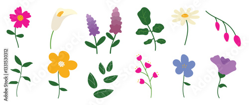 Collection of spring colorful flower elements vector. Set floral of wildflower, leaf branch, foliage on white background. Hand drawn blossom illustration for decor, easter, thanksgiving, clipart.
