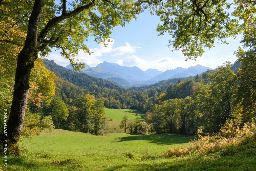 Breathtaking alpine scenery framing lush green valley and majestic mountains