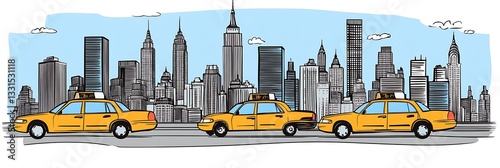 Yellow taxis drive in front of a New York City skyline, representing travel and transport