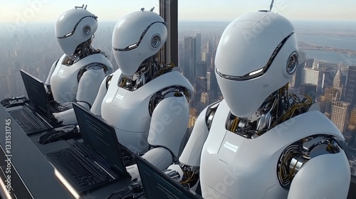 Three White Robots Working at Desktops Overlooking a City