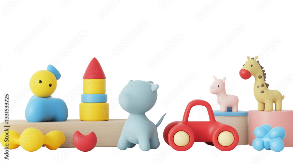 Obraz premium A vibrant assortment of toys includes building blocks, animal figures, and a small car, encouraging creativity and motor skills in young children during playtime
