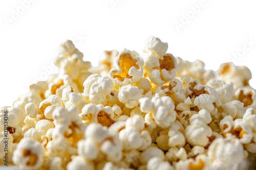 Close-up of popcorn isolated on white background with a heap of tasty yellow kernels