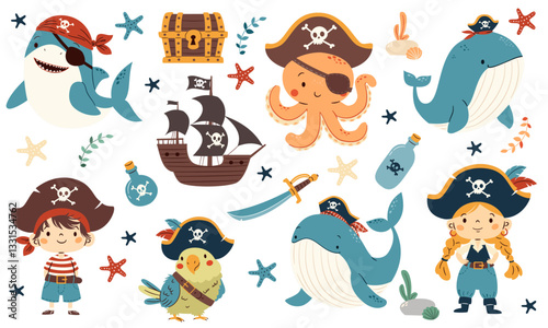 A set of flat vector illustrations in a simple children's style. Cute animals and kids in pirate hats, whale shark octopus devoka boy and ship. Pirate-themed elements. Vector illustration