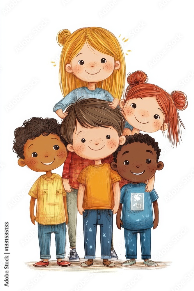 Group of diverse children smiling and standing together in cheerful harmony Group of diverse children smiling and standing together in cheerful harmony