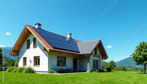 Wallpaper Mural Modern house with solar panels on rooftop against clear blue sky, technology, eco-friendly Torontodigital.ca