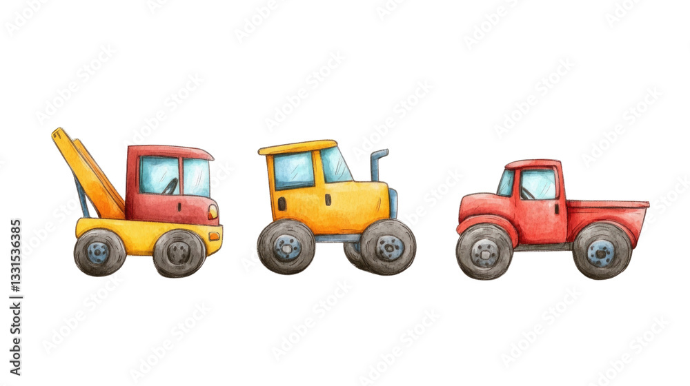 Naklejka premium Three vibrant cartoon vehicles are displayed side by side, including a tow truck, a tractor, and a pickup truck, each with unique designs. Perfect for children's illustrations and themes