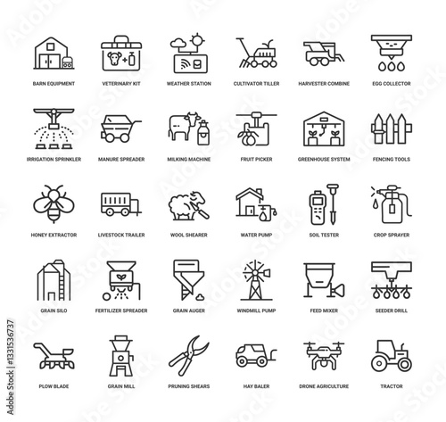 agriculture farm equipment line icons collection, tools machinery farming