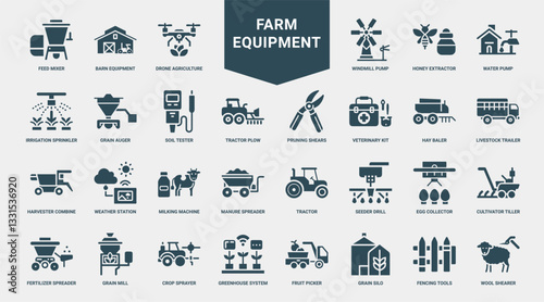 farm equipment icon set, agriculture machines irrigation tools for farming tasks, combine station trailer machine harvester