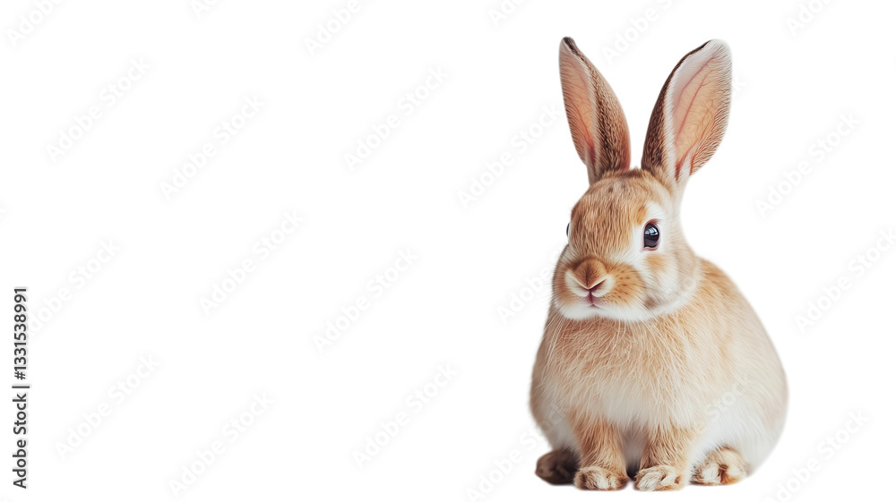 Cute light brown rabbit sitting on a plain white background, showcasing its expressive features and fluffy fur in a peaceful moment