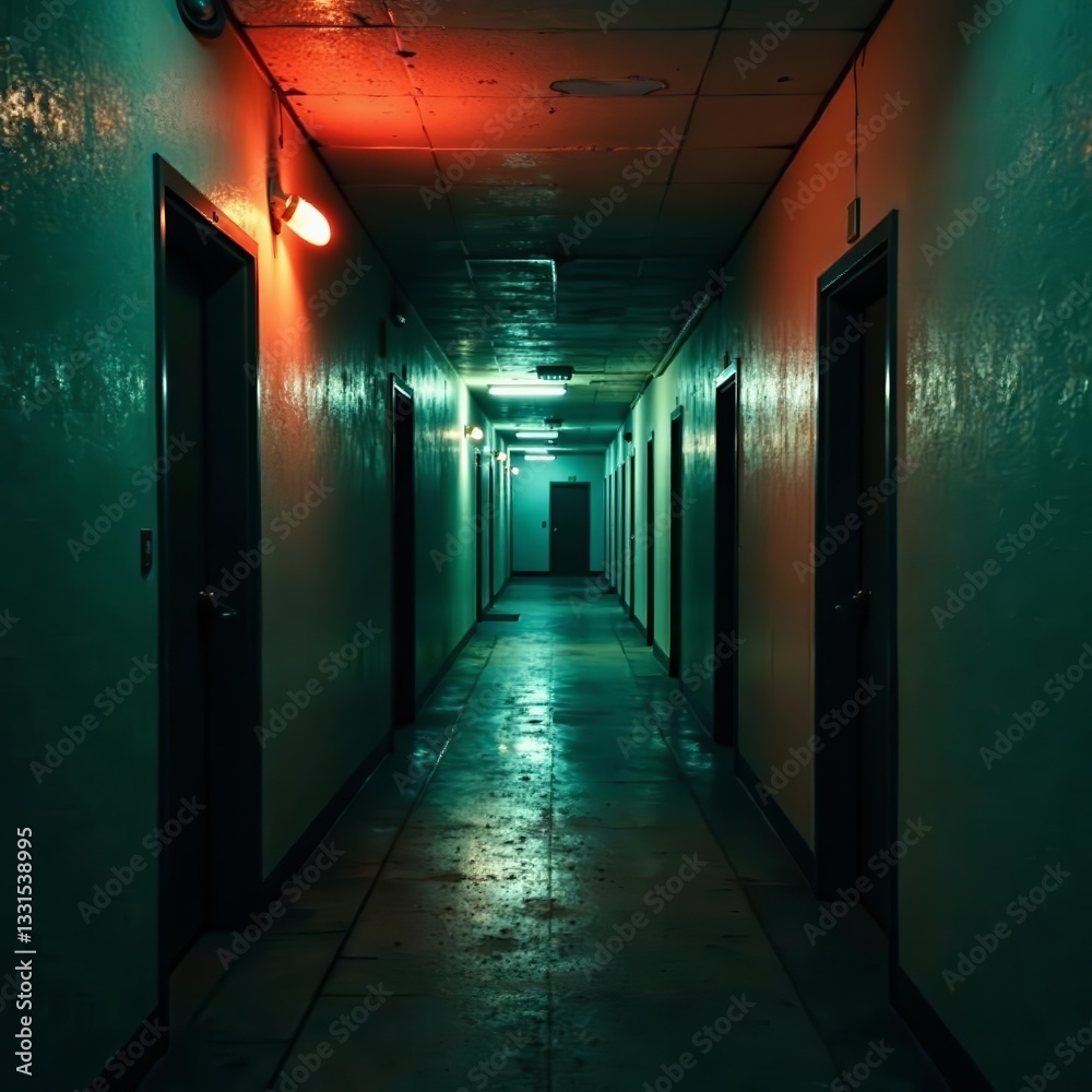 Gloomy hallway in run-down East Berlin high rise with flickering lights, corridor, empty Gloomy hallway in run-down East Berlin high rise with flickering lights, corridor, empty