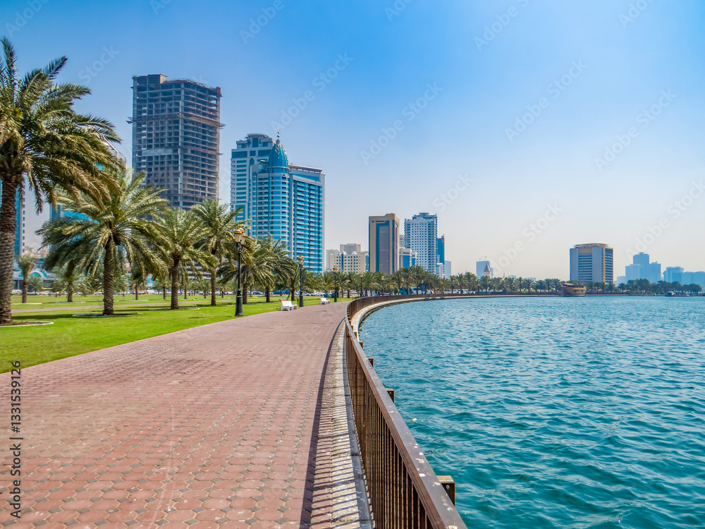 Sharjah. UAE. Al-Majaz embankment is a beautiful embankment, clean, tidy, green lawn. Sharjah. UAE. Al-Majaz embankment is a beautiful embankment, clean, tidy, green lawn.