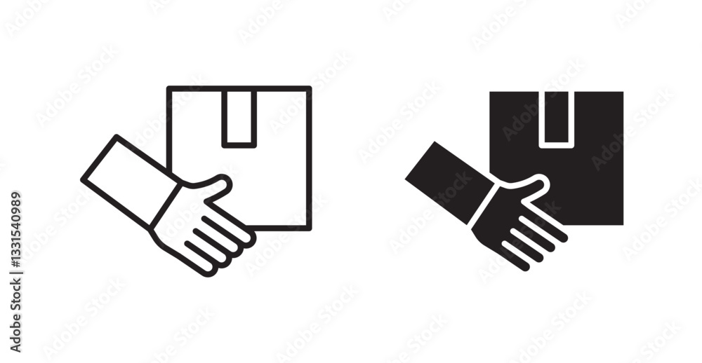 Hand holding box vector icon set in black color. Hand holding box vector icon set in black color.