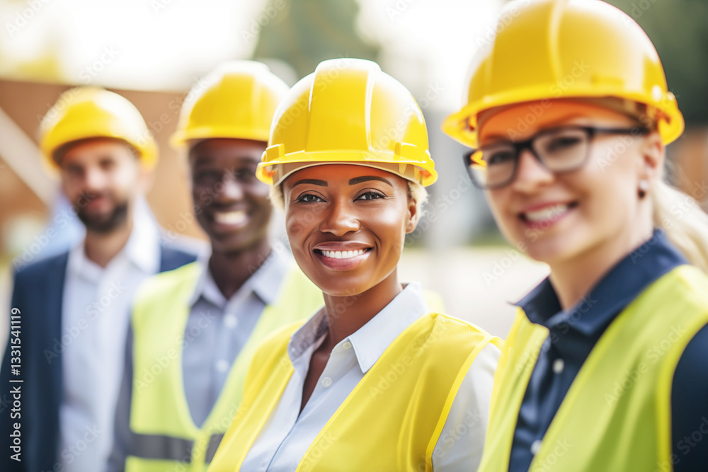 Diverse team of construction professionals in safety gear smiling at construction site. Group representing workplace inclusion in industry