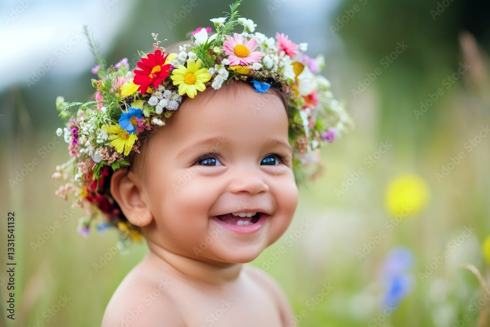 Sunny daylight. Happy holiday season holidays creative layout. Smiling mixed-race infant boy with tt hair wearing multi-colored flower crown on his head. Handsome young child in bloom. Sunny daylight. Happy holiday season holidays creative layout. Smiling mixed-race infant boy with tt hair wearing multi-colored flower crown on his head. Handsome young child in bloom.
