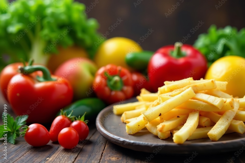 Colorful fruits and vegetables on a table with a plate of French fries at the side, diet, delicious Colorful fruits and vegetables on a table with a plate of French fries at the side, diet, delicious