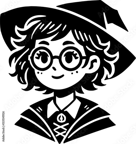 cute, girl, lady, wizard, witch, female, magician, hat, glasses, castle, student, nerdy, fanart, fan, stamp, logo, print, t-shirt, club, vector, illustration, eps