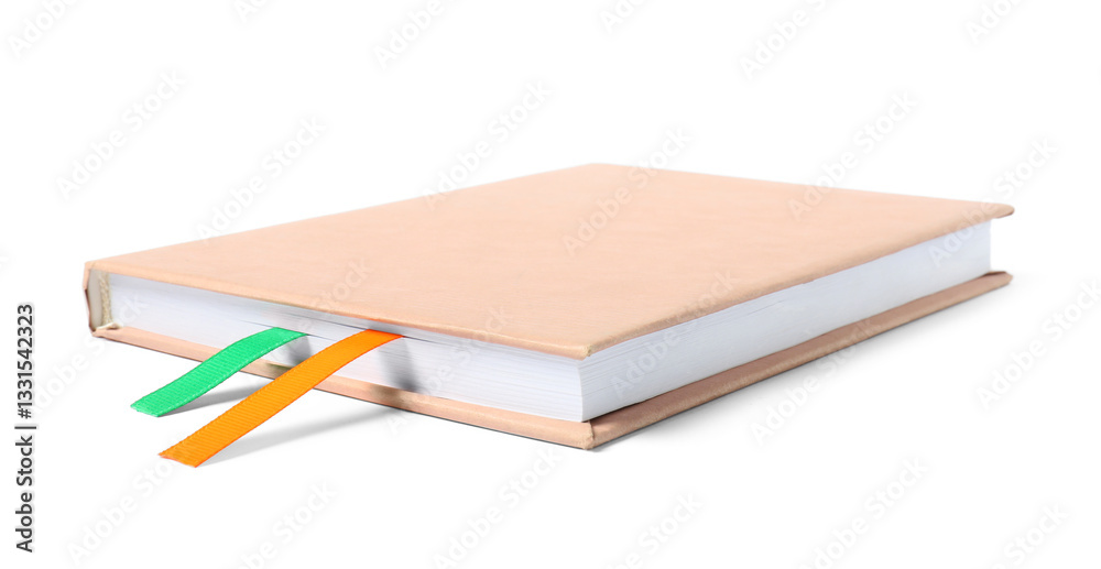 Fototapeta premium Book with ribbon bookmarks isolated on white