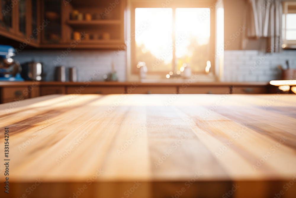 Wooden table in focus with blurred bright kitchen in background, ideal for displaying products