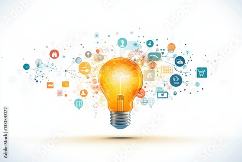 Creative light bulb illustration composed of diverse digital marketing icons and symbols