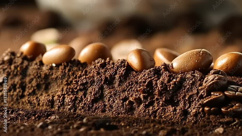 Close-up view of roasted coffee beans resting on rich, textured ground coffee with a blurred background Close-up view of roasted coffee beans resting on rich, textured ground coffee with a blurred background
