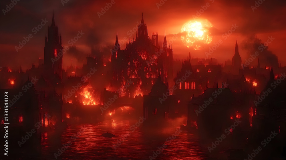 Naklejka premium Burning city at sunset