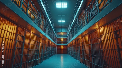 Prison break scene maximum security facility interior photography urban environment wide angle view suspense concept