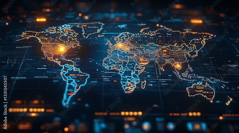Futuristic Digital World Map with Glowing Data Points Futuristic Digital World Map with Glowing Data Points