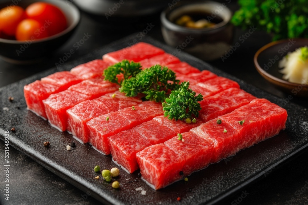 Freshly sliced Wagyu beef arranged neatly on a black platter with garnishes in a dimly lit setting Freshly sliced Wagyu beef arranged neatly on a black platter with garnishes in a dimly lit setting