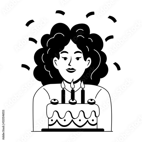 Girl blowing candles and making wish, glyph illustration