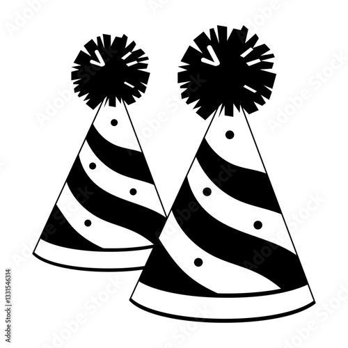 Party hats with pompoms, glyph style illustration