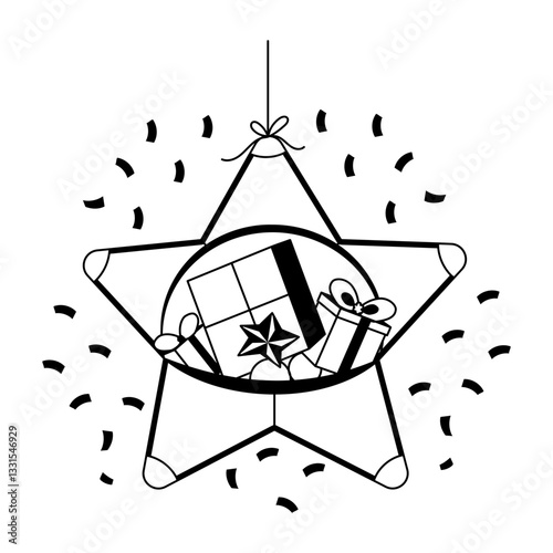 Hanging star pinata with lots of birthday gifts, glyph illustration