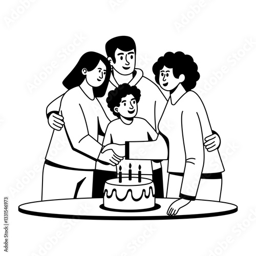 Family gathering at a birthday event, glyph illustration