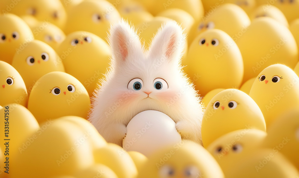 Cute Rabbit Surrounded by Yellow Eggs in Cheerful Spring Atmosphere Cute Rabbit Surrounded by Yellow Eggs in Cheerful Spring Atmosphere